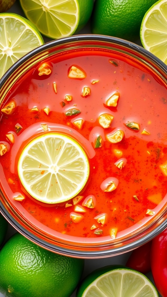 A bowl of Sriracha lime marinade with limes and chili peppers in the background.
